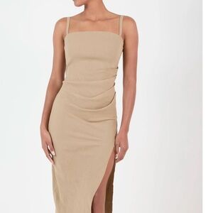 Anemos NADEGE DRAPED MIDI DRESS IN TEXTURED STRETCH in taupe, size M